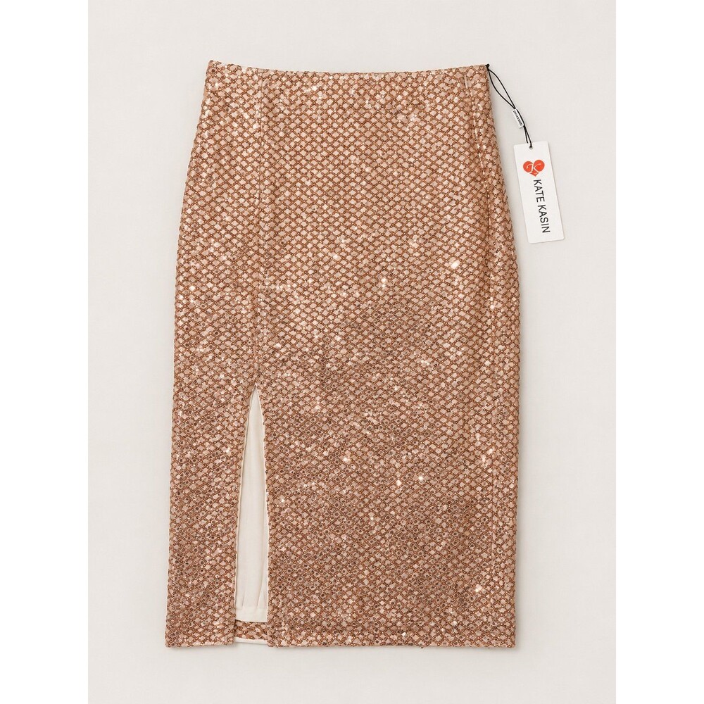 NWT Kate Kasin Rose Gold Sequin Midi Pencil Skirt Front Slit Party Holiday L
